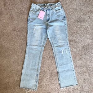 Light Denim Split Hem Flared Mom Jeans